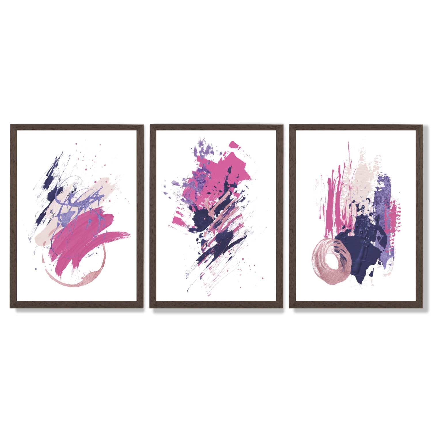 Pink and Purple Abstract Oil Shapes Set of 3 Framed Art Prints with Dark Wood Frames