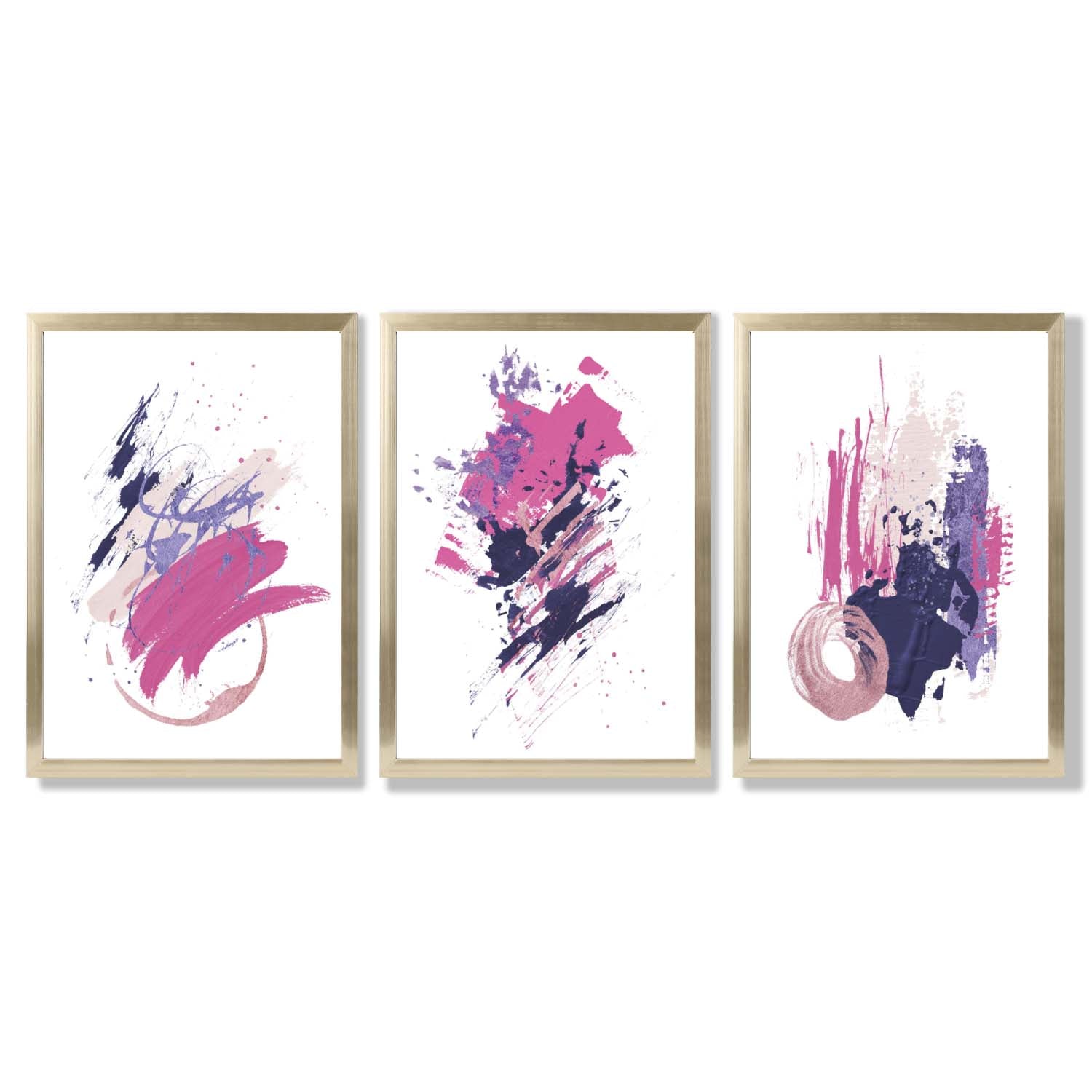Pink and Purple Abstract Oil Shapes Set of 3 Framed Art Prints with Gold Wood Frames