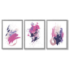 Pink and Purple Abstract Oil Shapes Set of 3 Framed Art Prints with Light Grey Wooden Frames