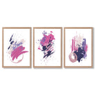 Pink and Purple Abstract Oil Shapes Set of 3 Framed Art Prints with Light Oak Frames