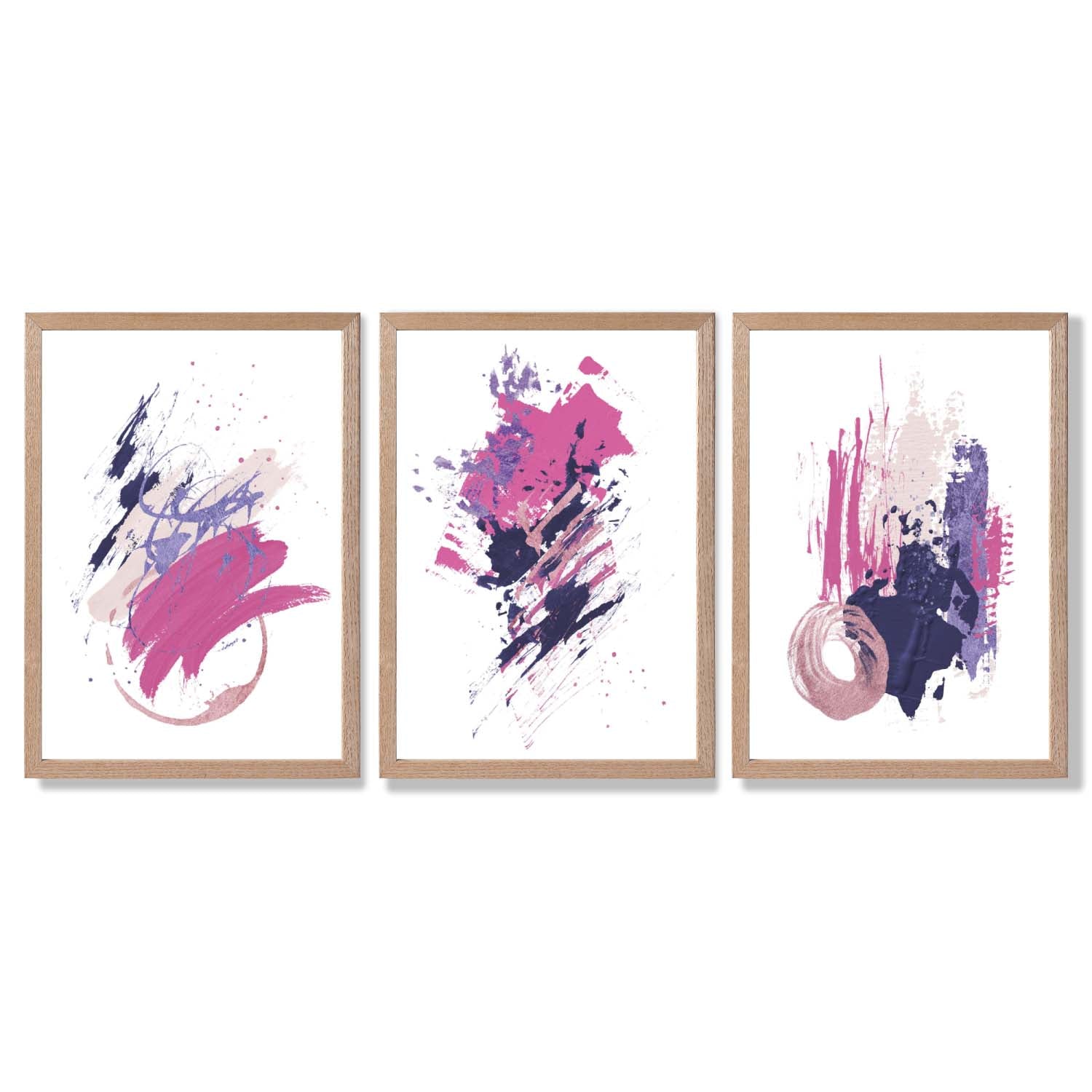 Pink and Purple Abstract Oil Shapes Set of 3 Framed Art Prints with Light Oak Frames