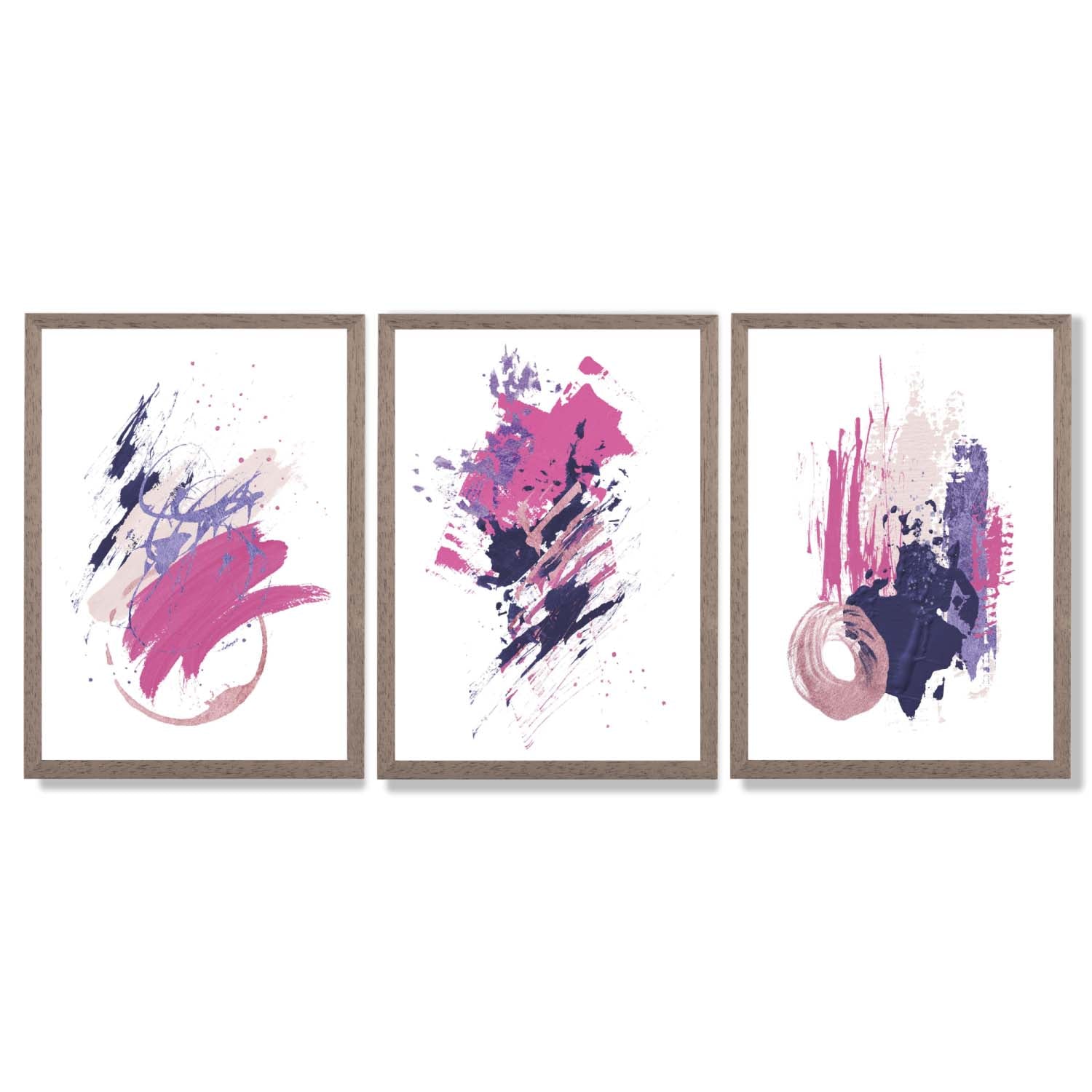 Pink and Purple Abstract Oil Shapes Set of 3 Framed Art Prints with Light Walnut Frames
