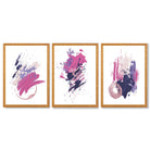 Pink and Purple Abstract Oil Shapes Set of 3 Framed Art Prints with Oak Wooden Frames