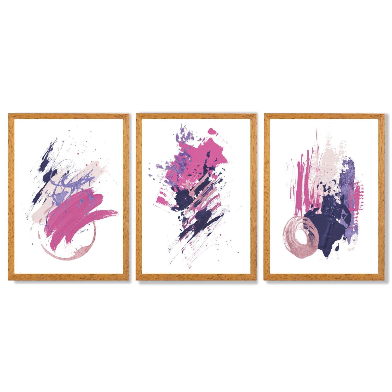 Pink and Purple Abstract Oil Shapes Set of 3 Framed Art Prints with Oak Wooden Frames