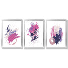 Pink and Purple Abstract Oil Shapes Set of 3 Framed Art Prints with Silver Wood Frames
