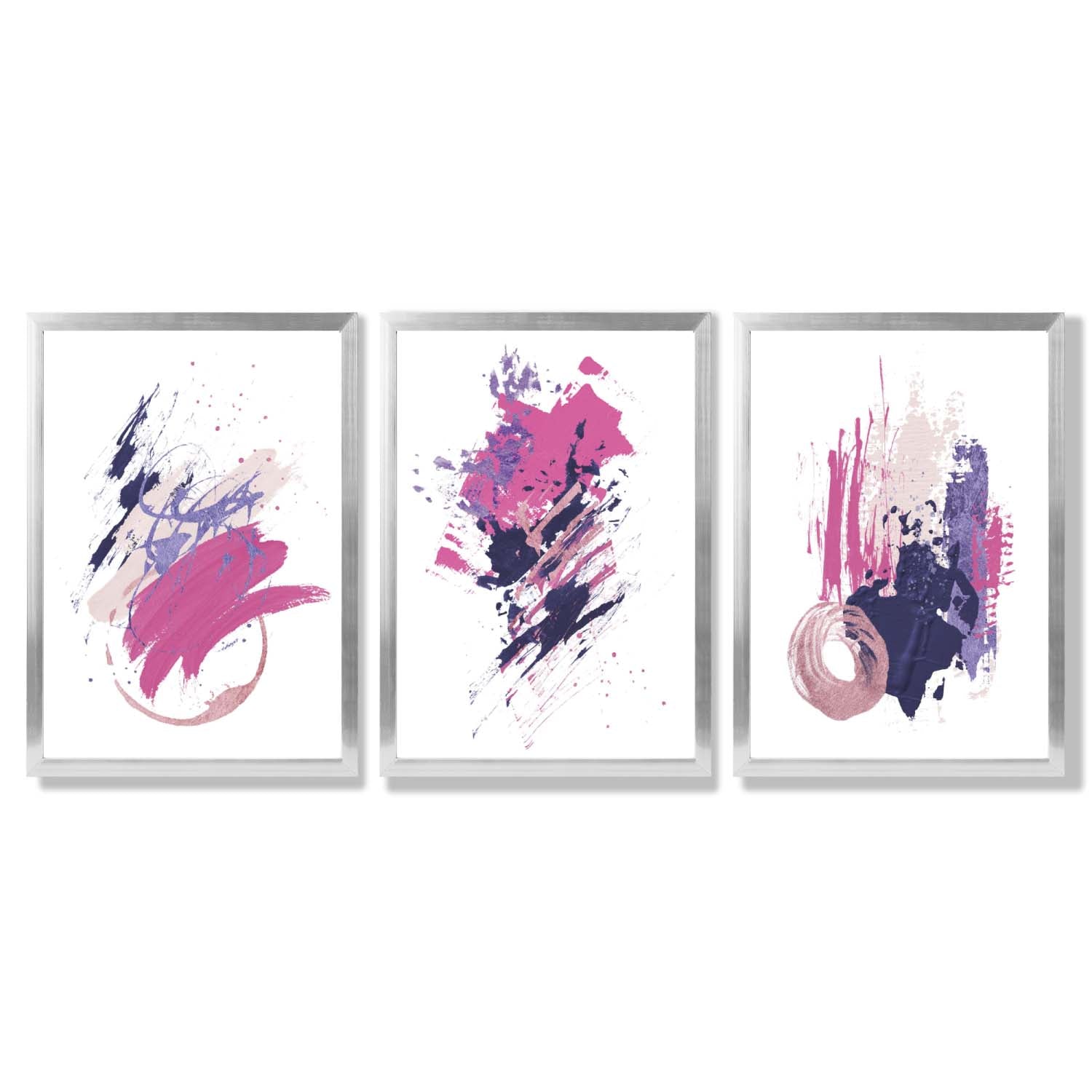 Pink and Purple Abstract Oil Shapes Set of 3 Framed Art Prints with Silver Wood Frames