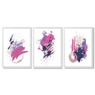 Pink and Purple Abstract Oil Shapes Set of 3 Framed Art Prints with White Wooden Frames