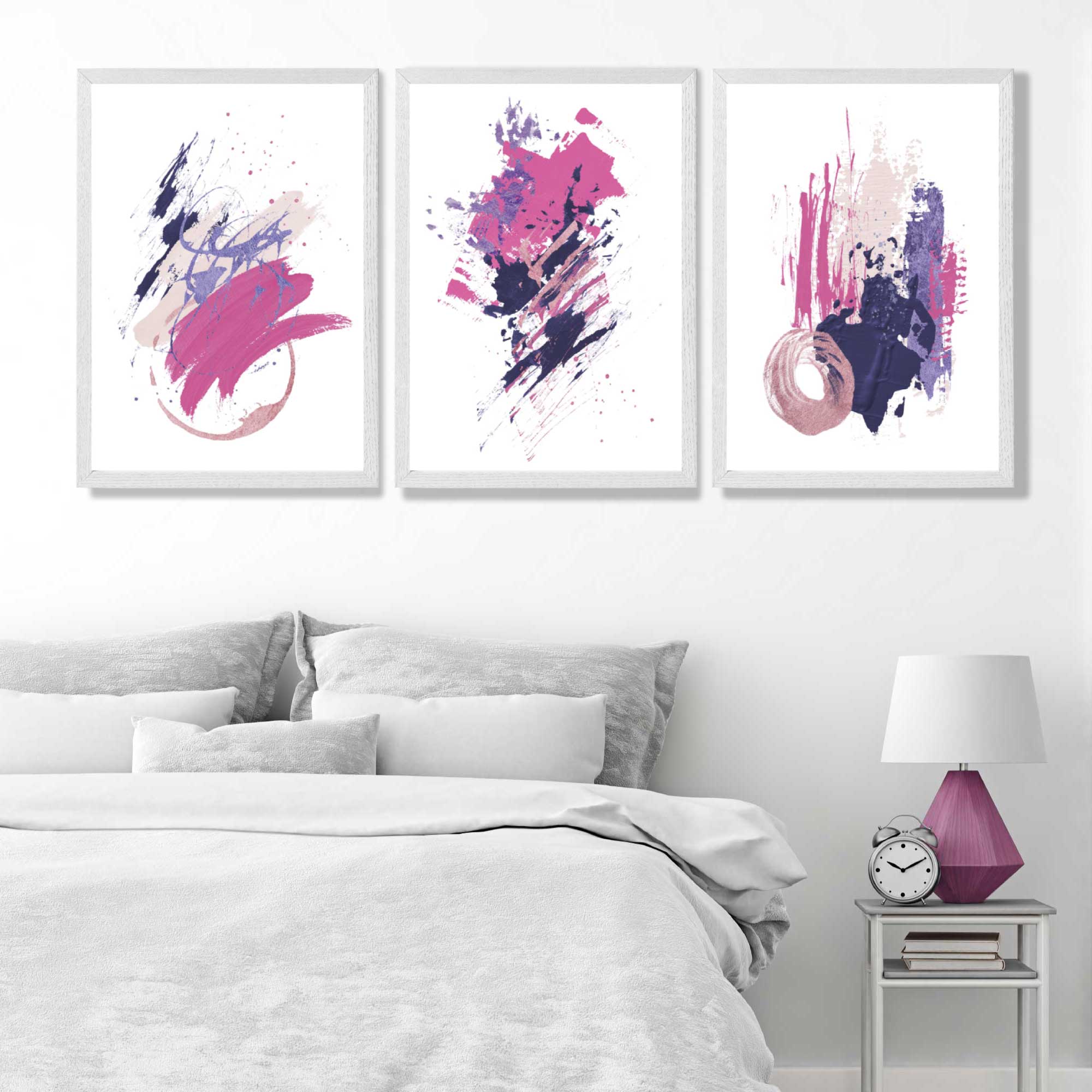 Pink and Purple Abstract Oil Shapes Set of 3 Art Prints in Luxury Frames | Artze UK
