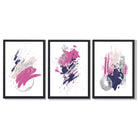 Pink and Silver Abstract Oil Shapes Set of 3 Framed Art Prints with Black Wooden Frames