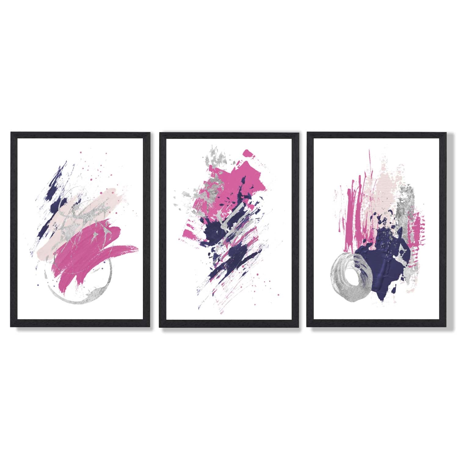 Pink and Silver Abstract Oil Shapes Set of 3 Framed Art Prints with Black Wooden Frames