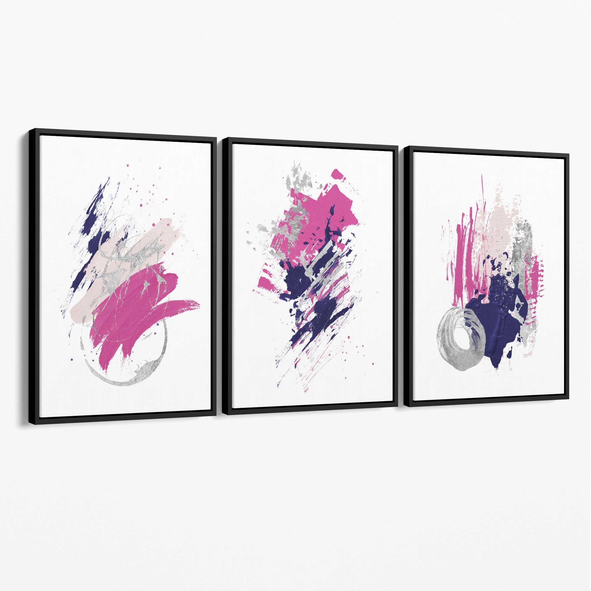 Pink and Silver Abstract Oil Shapes Set of 3 Canvas Art Prints with Black Float Frame