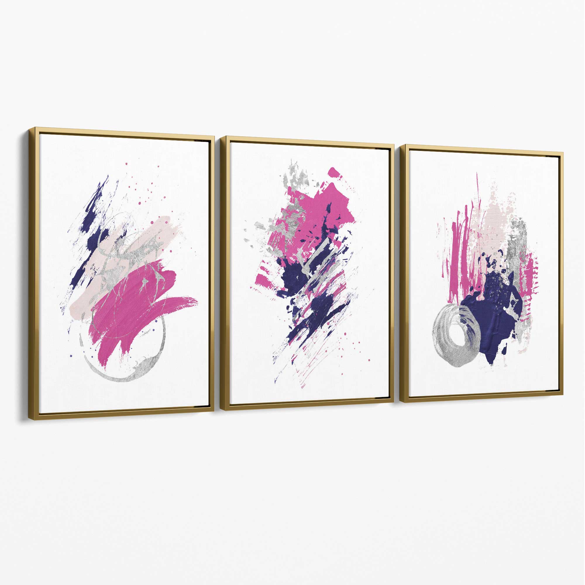 Pink and Silver Abstract Oil Shapes Set of 3 Canvas Art Prints with Gold Float Frame