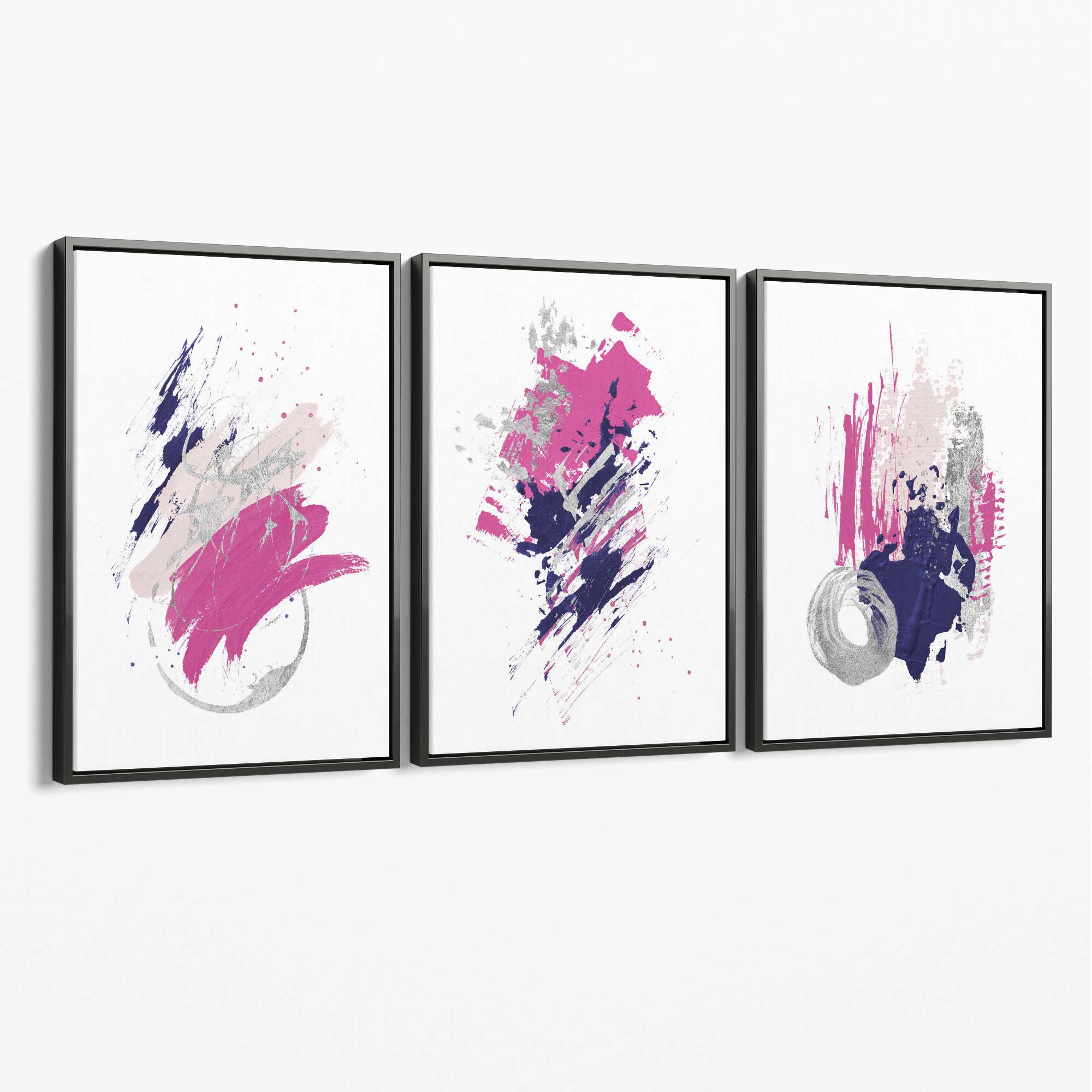 Pink and Silver Abstract Oil Shapes Set of 3 Canvas Art Prints with Grey Float Frame