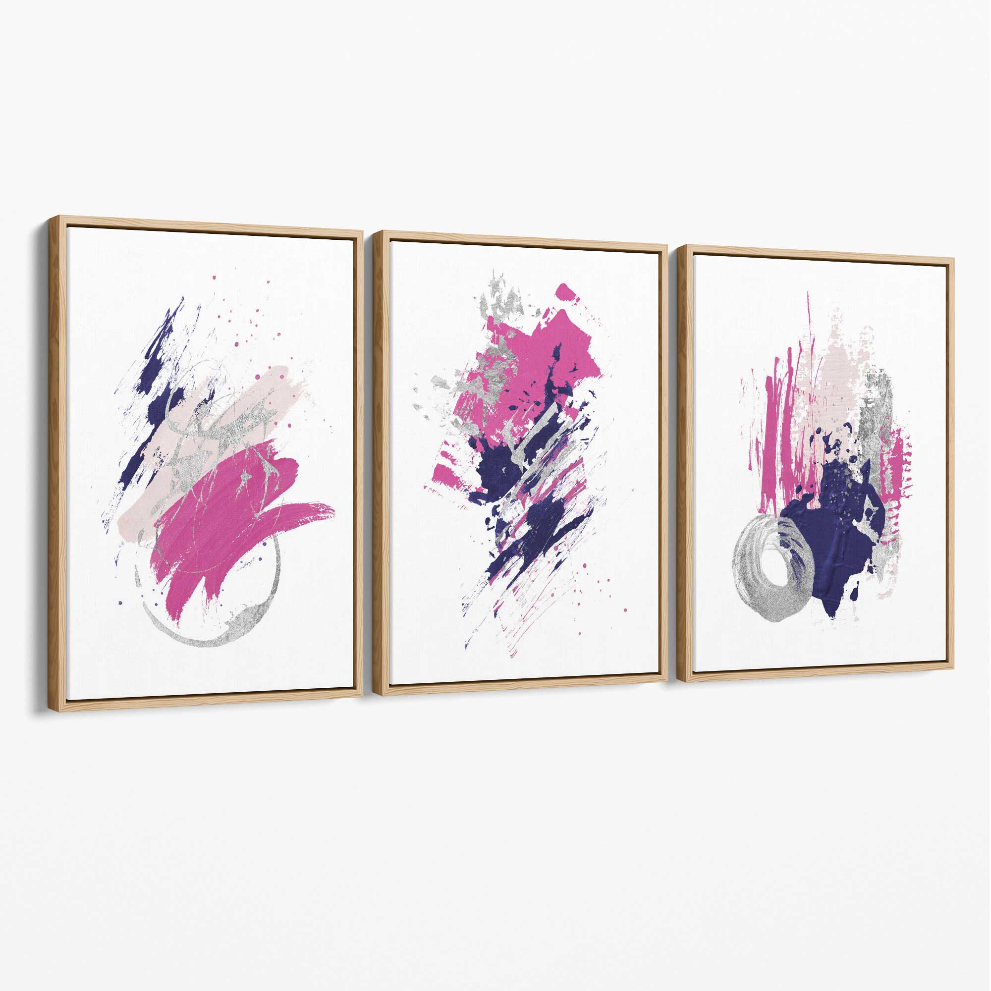 Pink and Silver Abstract Oil Shapes Set of 3 Canvas Art Prints with Oak Float Frame