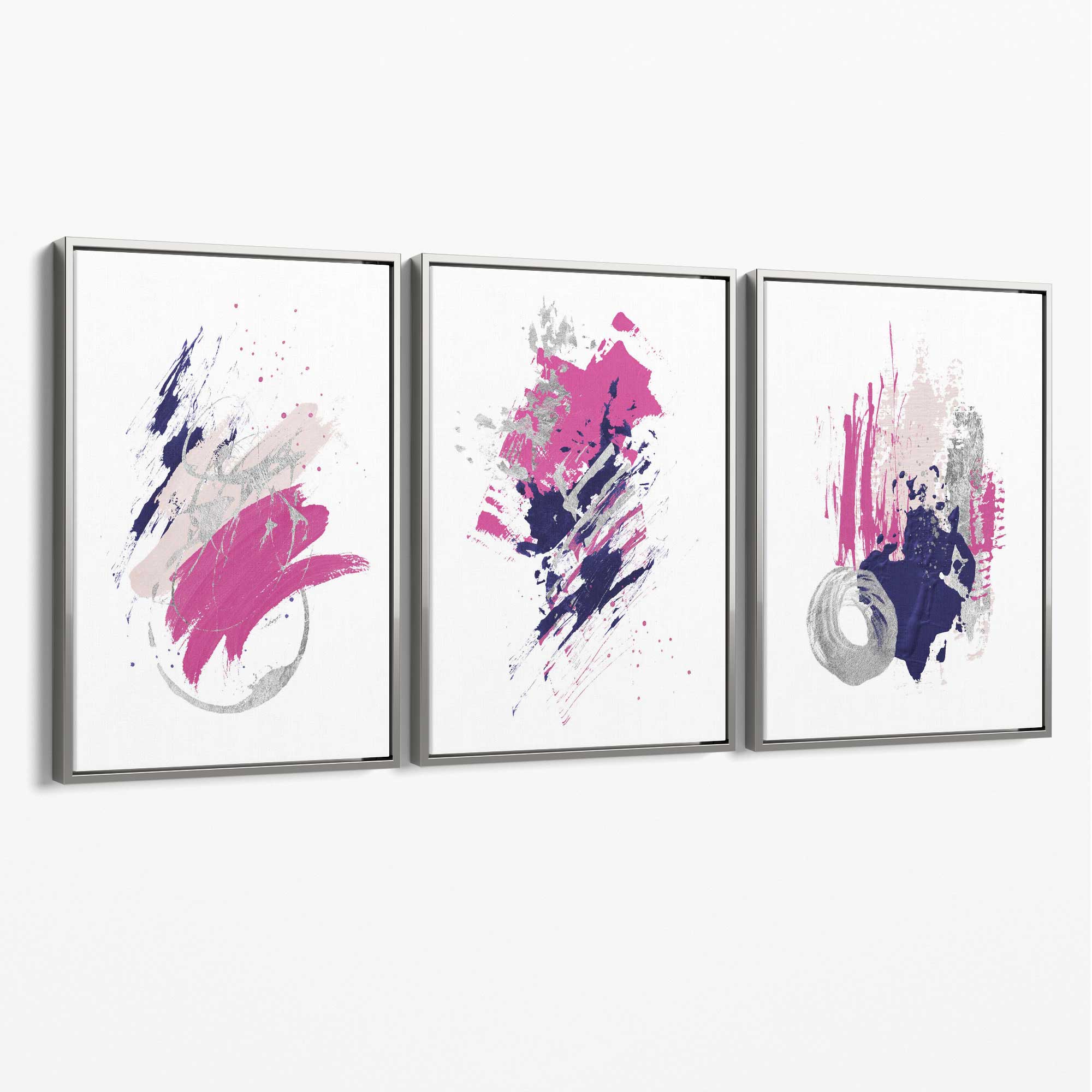Pink and Silver Abstract Oil Shapes Set of 3 Canvas Art Prints with Silver Float Frame