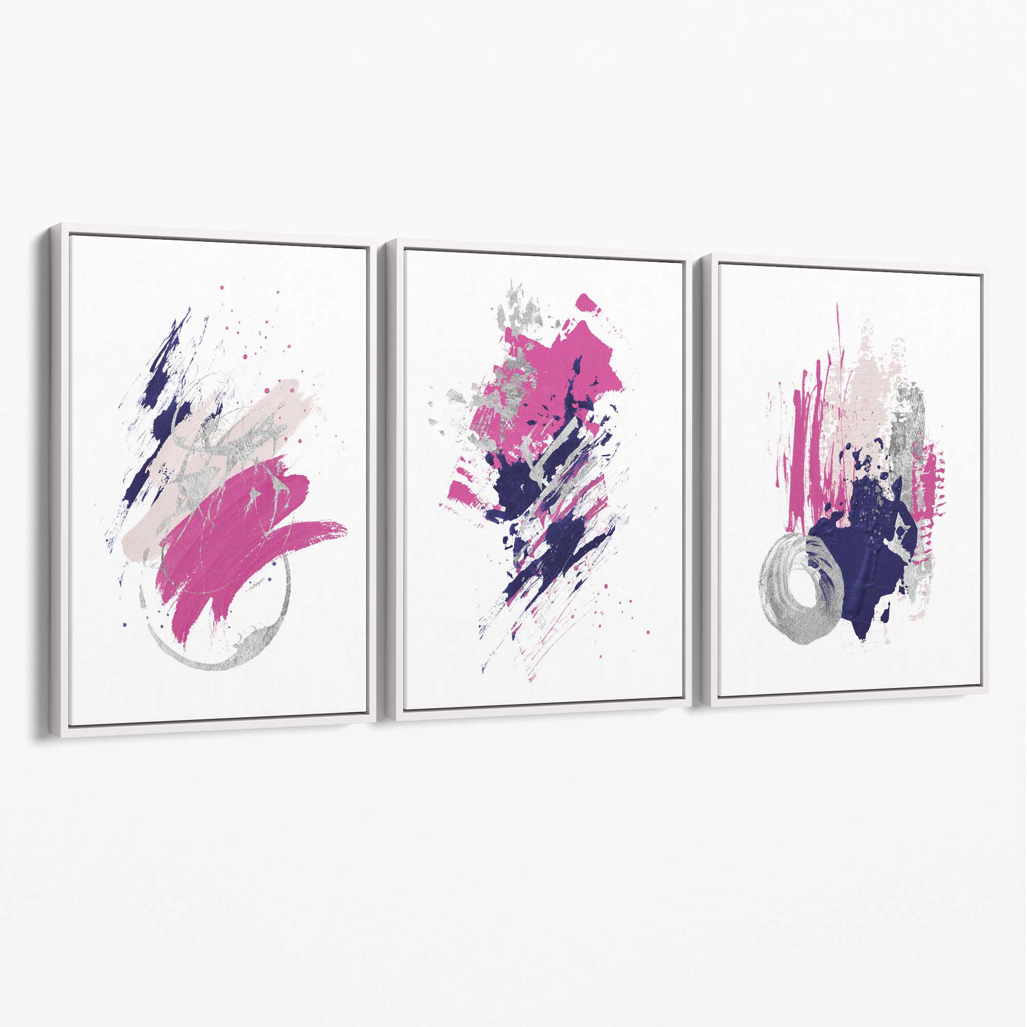 Pink and Silver Abstract Oil Shapes Set of 3 Canvas Art Prints with White Float Frame