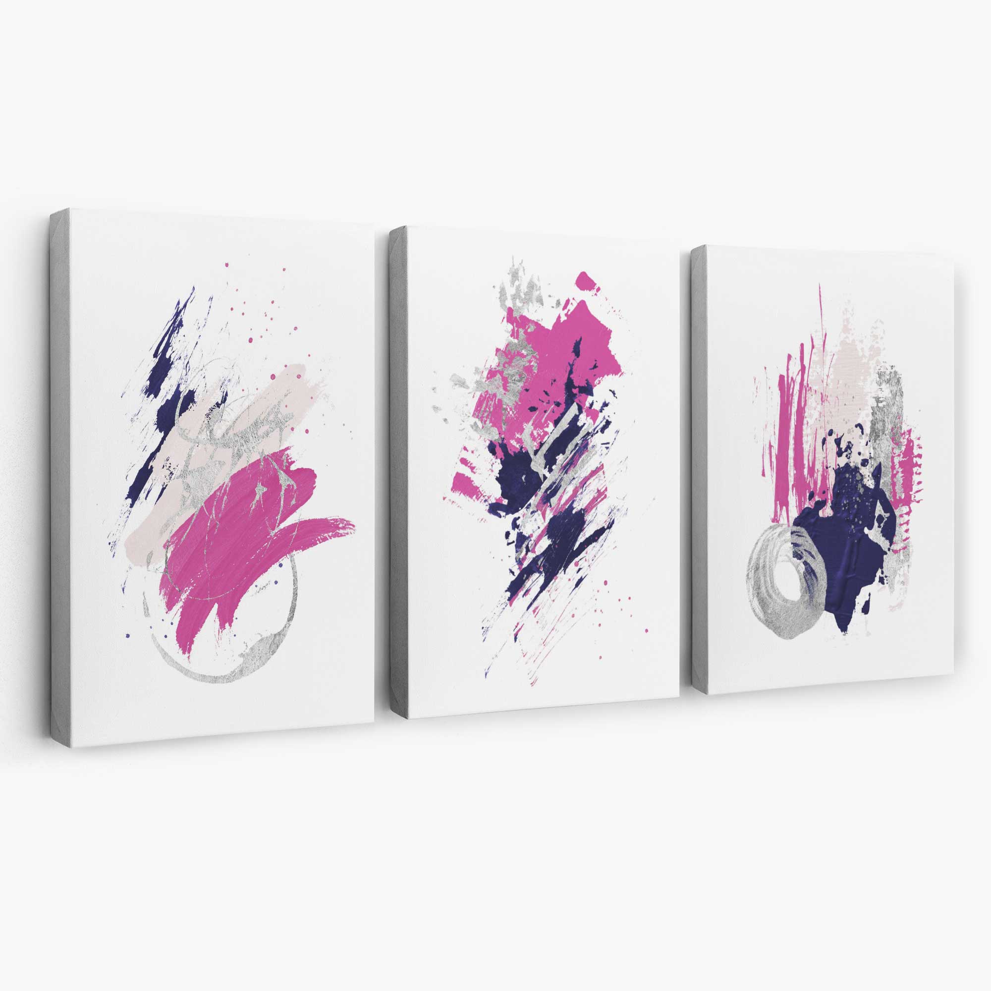 Pink and Silver Abstract Oil Shapes Set of 3 Canvas Art Prints | Artze Wall Art