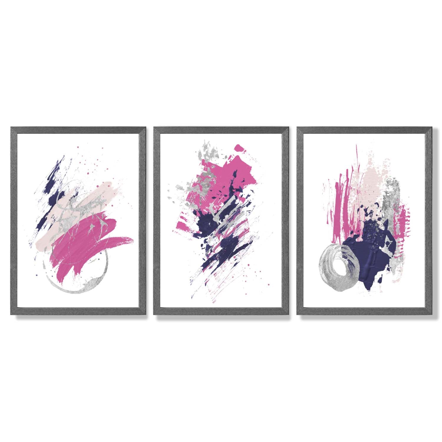 Pink and Silver Abstract Oil Shapes Set of 3 Framed Art Prints with Dark Grey Wooden Frames