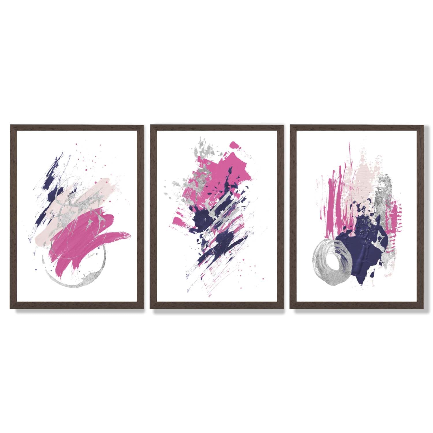 Pink and Silver Abstract Oil Shapes Set of 3 Framed Art Prints with Dark Wood Frames