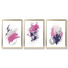 Pink and Silver Abstract Oil Shapes Set of 3 Framed Art Prints with Gold Wood Frames