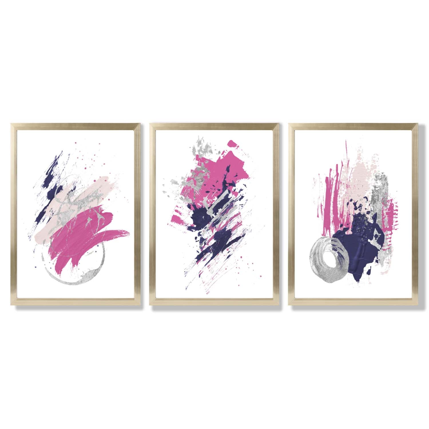 Pink and Silver Abstract Oil Shapes Set of 3 Framed Art Prints with Gold Wood Frames