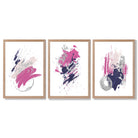 Pink and Silver Abstract Oil Shapes Set of 3 Framed Art Prints with Light Oak Frames