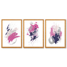 Pink and Silver Abstract Oil Shapes Set of 3 Framed Art Prints with Oak Wooden Frames