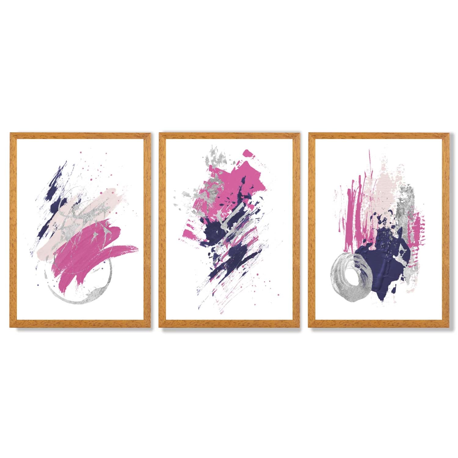 Pink and Silver Abstract Oil Shapes Set of 3 Framed Art Prints with Oak Wooden Frames