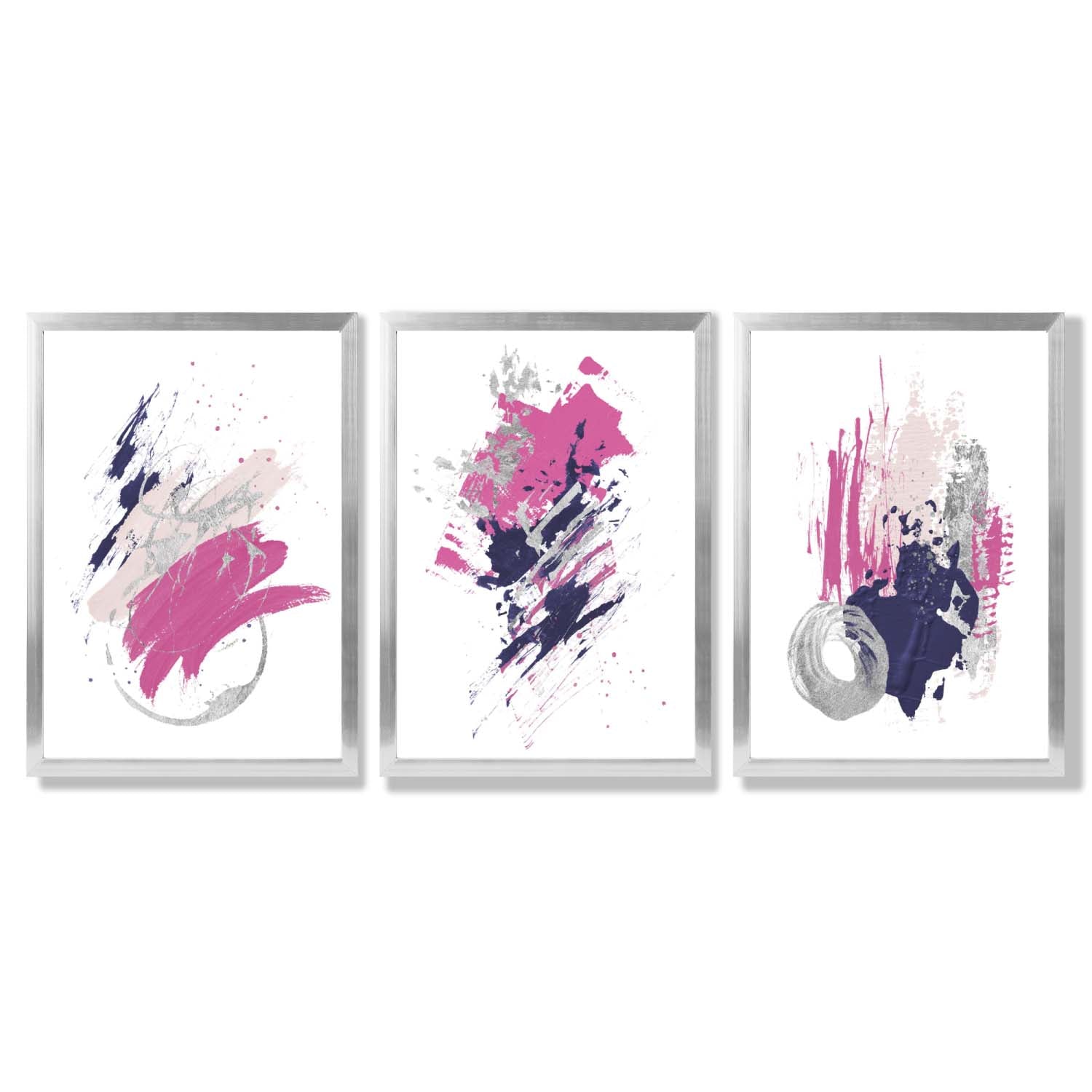 Pink and Silver Abstract Oil Shapes Set of 3 Framed Art Prints with Silver Wood Frames