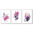 Pink and Silver Abstract Oil Shapes Set of 3 Framed Art Prints with White Wooden Frames