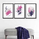 Pink and Silver Abstract Oil Shapes Set of 3 Framed Art Prints in Luxury Frames | Artze UK