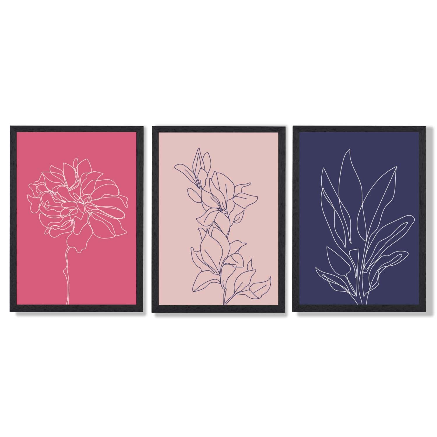 Pink and Purple Sketch Flowers Set of 3 Framed Art Prints with Black Wooden Frames