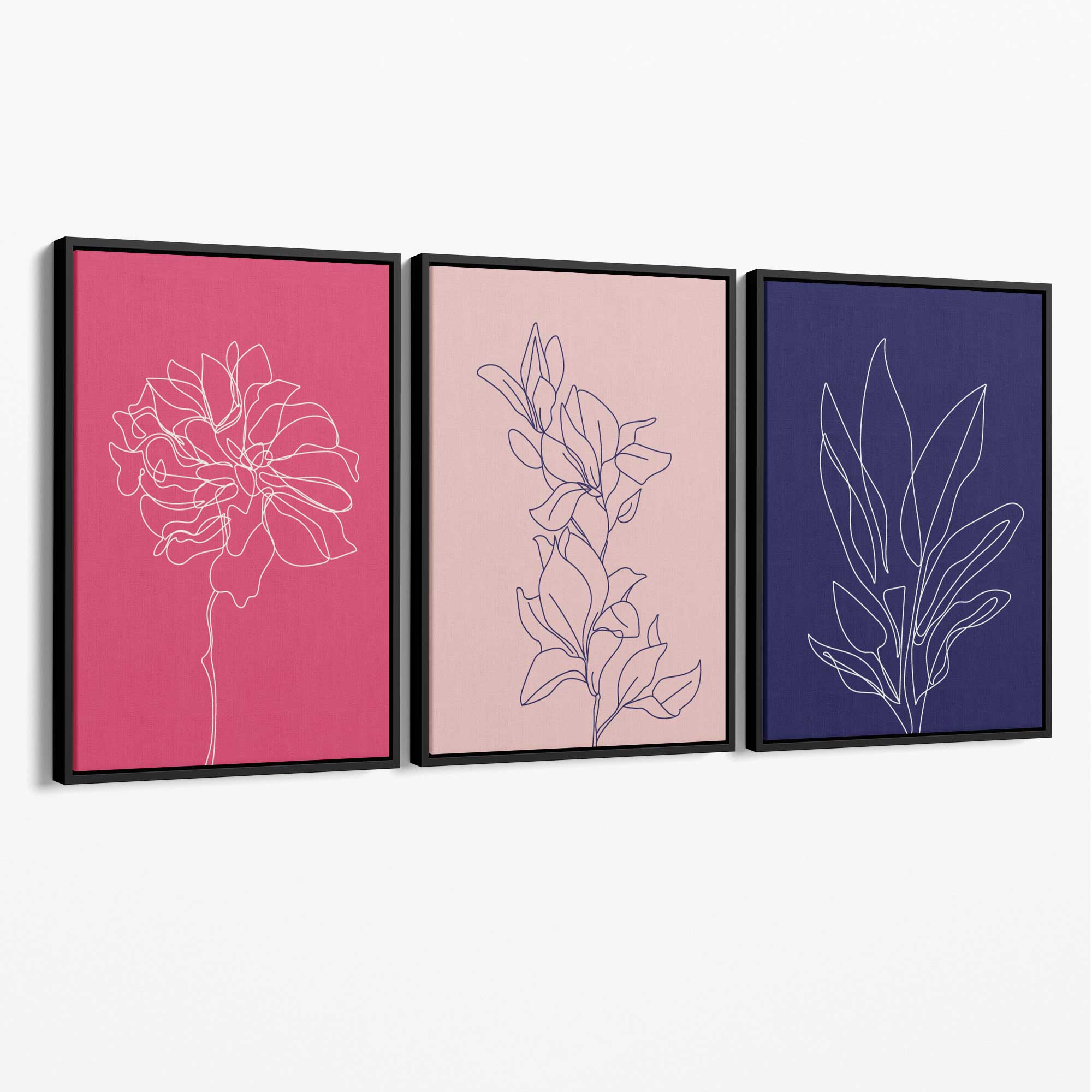 Pink and Purple Sketch Flowers Set of 3 Canvas Art Prints with Black Float Frame