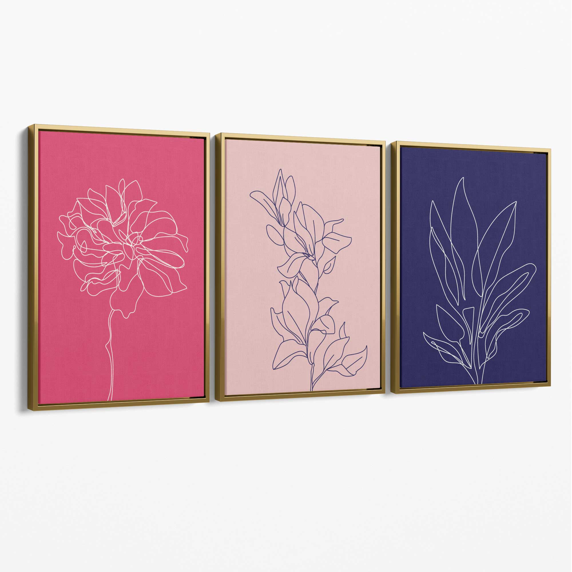 Pink and Purple Sketch Flowers Set of 3 Canvas Art Prints with Gold Float Frame
