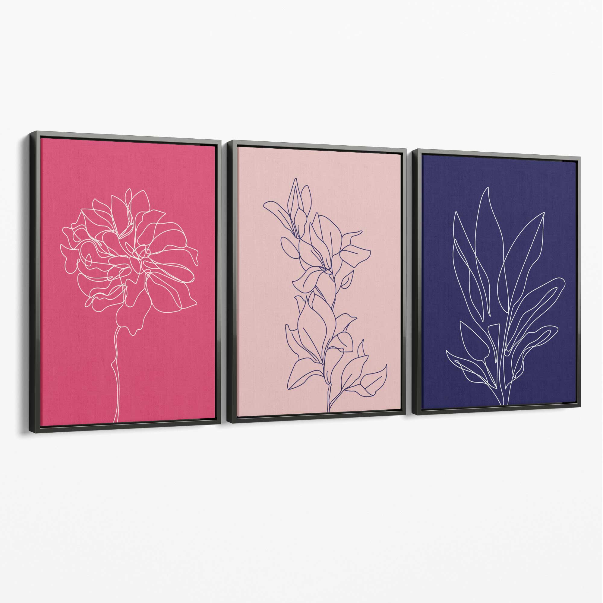 Pink and Purple Sketch Flowers Set of 3 Canvas Art Prints with Grey Float Frame