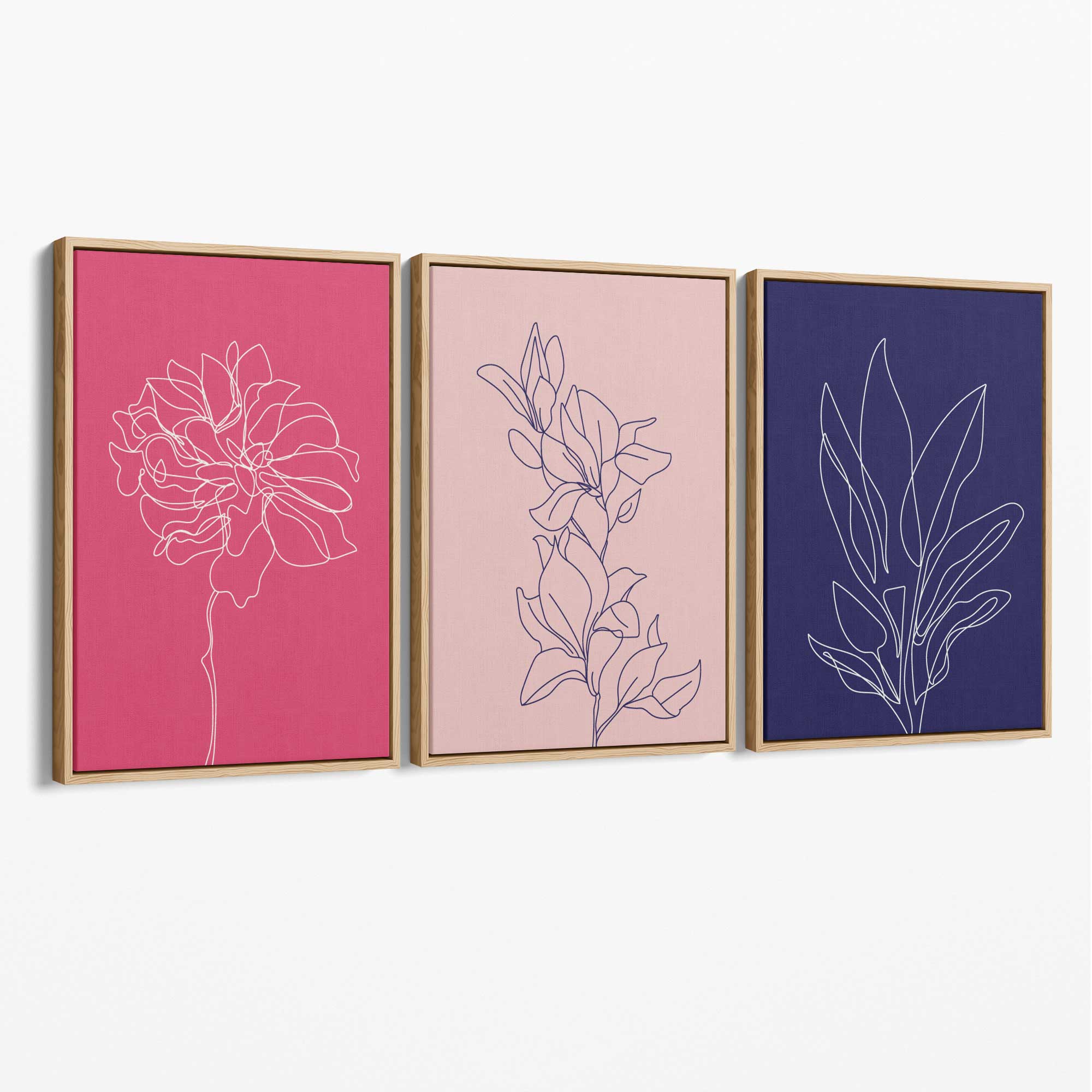 Pink and Purple Sketch Flowers Set of 3 Canvas Art Prints with Oak Float Frame