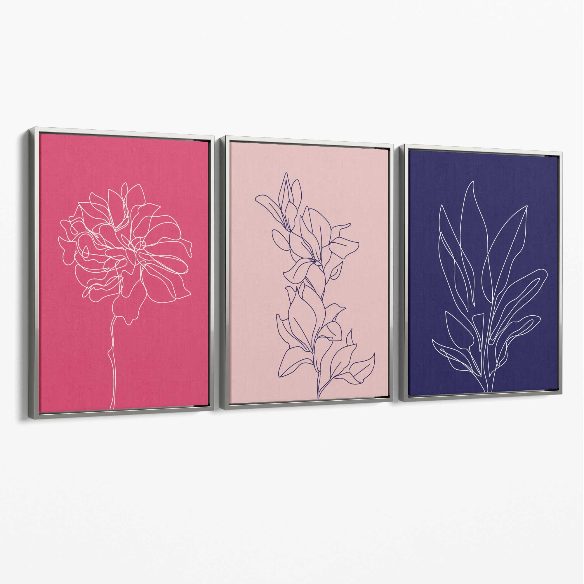 Pink and Purple Sketch Flowers Set of 3 Canvas Art Prints with Silver Float Frame