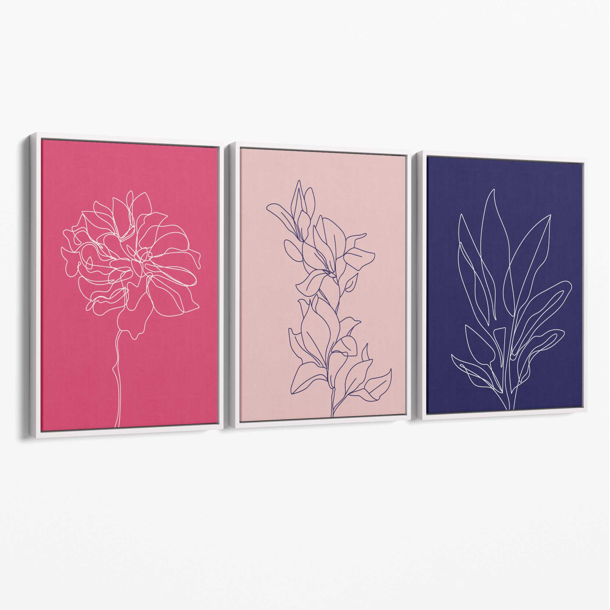Pink and Purple Sketch Flowers Set of 3 Canvas Art Prints with White Float Frame