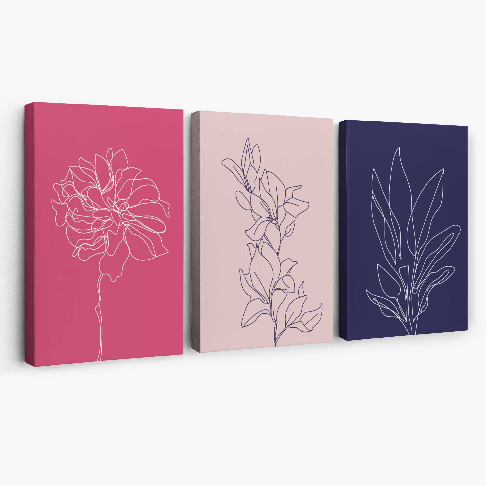 Pink and Purple Sketch Flowers Set of 3 Canvas Art Prints | Artze Wall Art