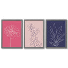 Pink and Purple Sketch Flowers Set of 3 Framed Art Prints with Dark Grey Wooden Frames