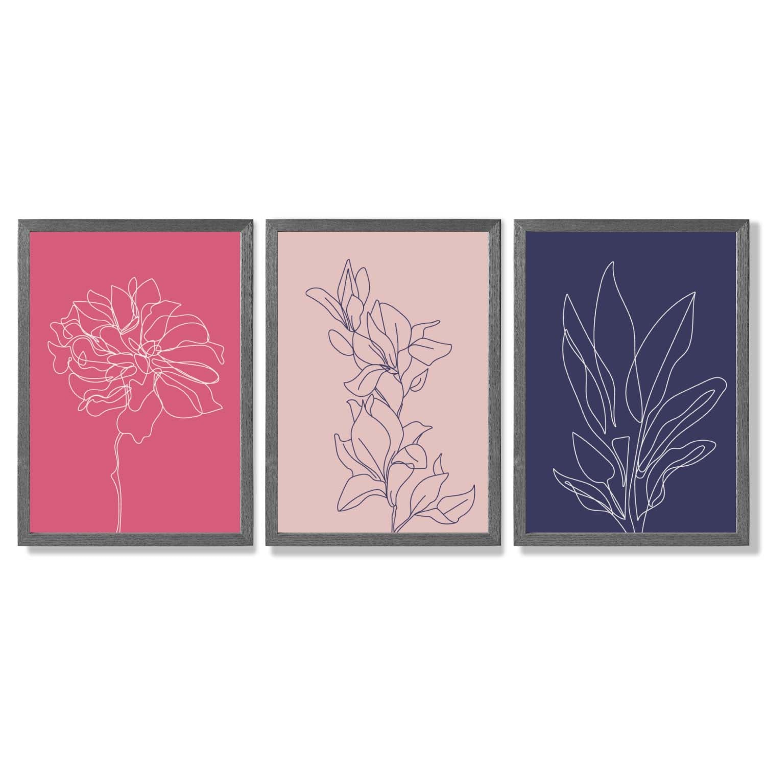 Pink and Purple Sketch Flowers Set of 3 Framed Art Prints with Dark Grey Wooden Frames