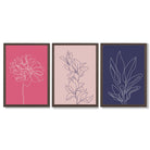 Pink and Purple Sketch Flowers Set of 3 Framed Art Prints with Dark Wood Frames