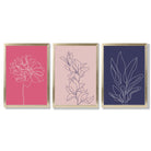 Pink and Purple Sketch Flowers Set of 3 Framed Art Prints with Gold Wood Frames