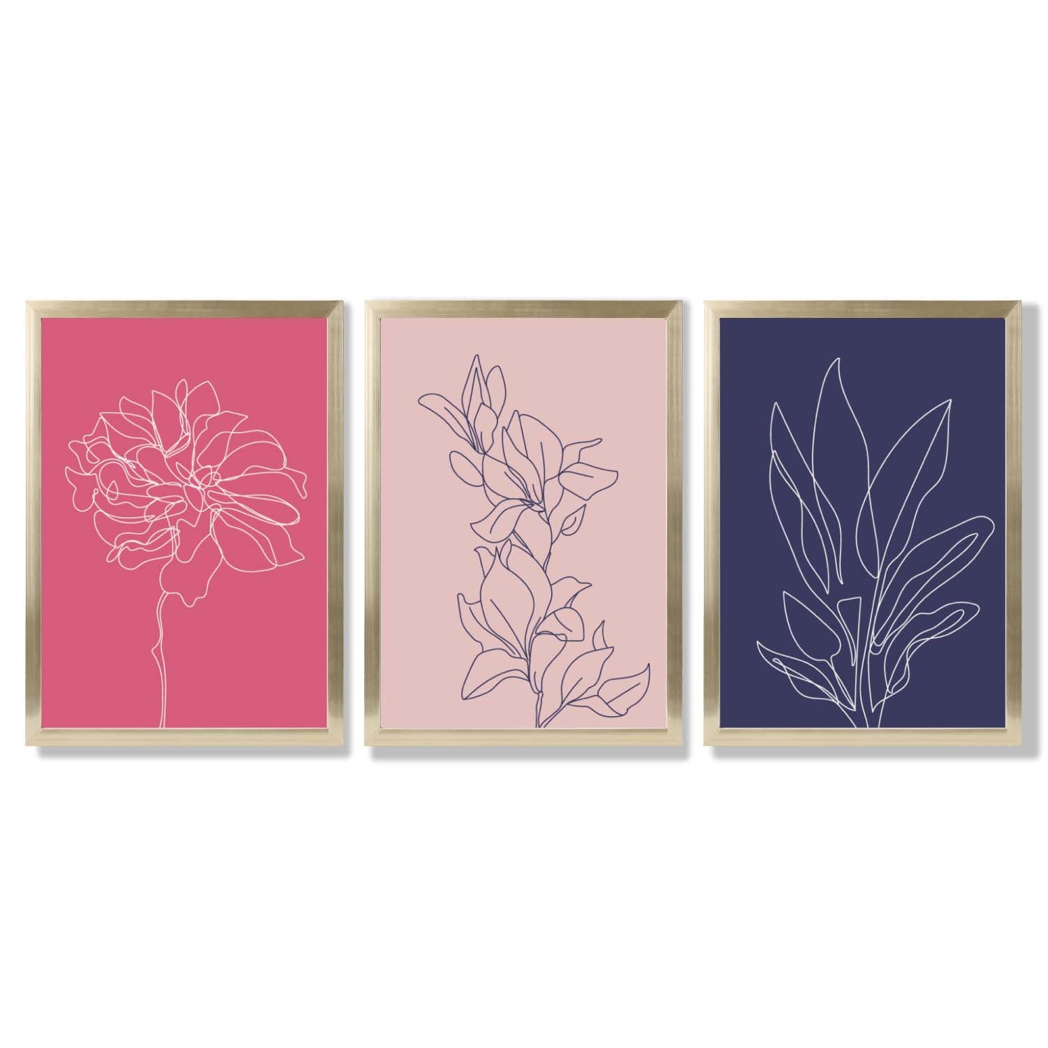 Pink and Purple Sketch Flowers Set of 3 Framed Art Prints with Gold Wood Frames