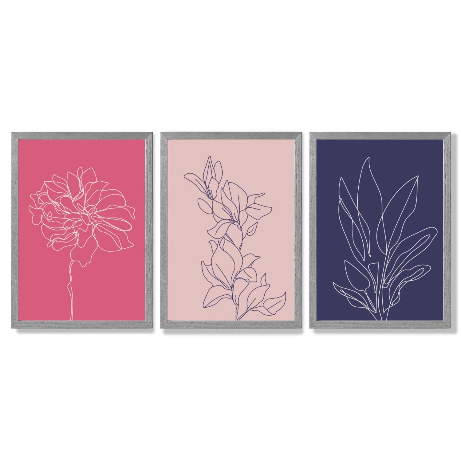 Pink and Purple Sketch Flowers Set of 3 Framed Art Prints with Light Grey Wooden Frames
