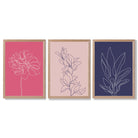Pink and Purple Sketch Flowers Set of 3 Framed Art Prints with Light Oak Frames