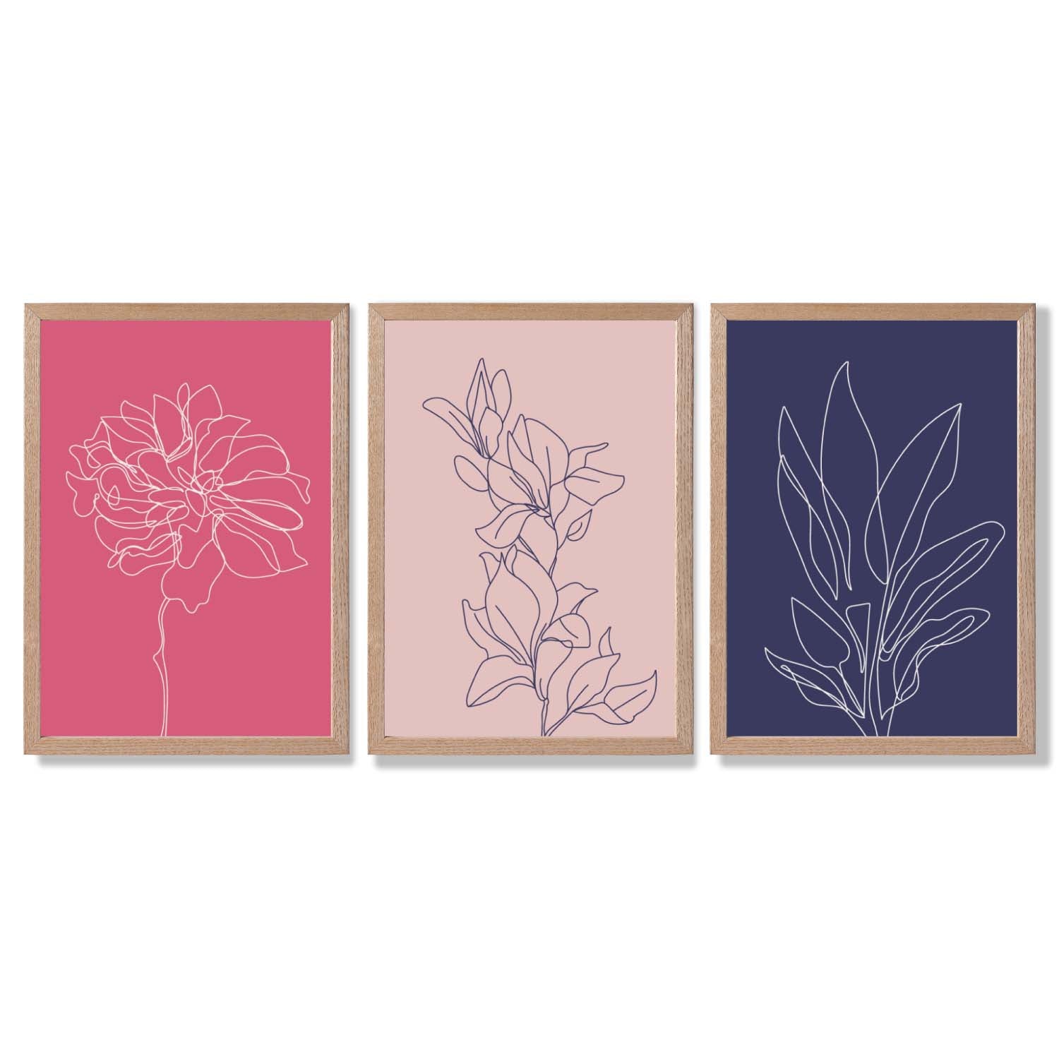 Pink and Purple Sketch Flowers Set of 3 Framed Art Prints with Light Oak Frames