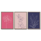 Pink and Purple Sketch Flowers Set of 3 Framed Art Prints with Light Walnut Frames