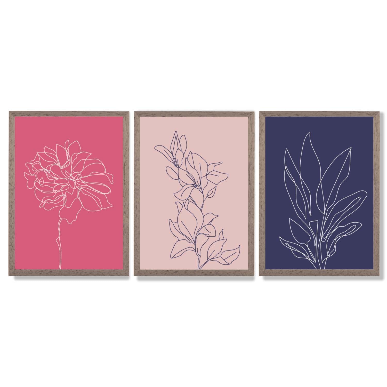 Pink and Purple Sketch Flowers Set of 3 Framed Art Prints with Light Walnut Frames