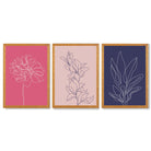 Pink and Purple Sketch Flowers Set of 3 Framed Art Prints with Oak Wooden Frames